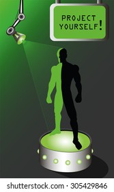 holographic  projection of a man standing on platform