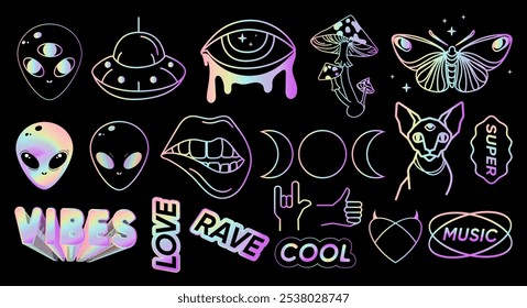 Holografische psychedelische Symbole Aufkleber Symbole Embleme Sammlung. Mysterios Psychedelic Zeichen und Symbole Hologramm Effekt irisierenden Satz mit Pilzen, Alien, Schmetterling, esoterischen Thema Designs.Vector