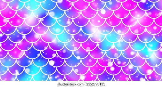 Escala de sirena de neón púrpura holográfica sin fisuras. Fondo vectorial de gradiente de lámina borrosa. Holograma del bokeh de Kawaii. Girlie dulce unicornio fondo de un cuento de hadas.