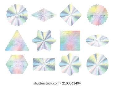 Holographic quality stickers, hologram seal labels, guarantee badges. Silver certificate seals in different shapes, quality sticker vector set. Realistic foil gradient elements isolated on white