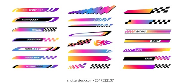 Holographic Racing sport Stripes and flames stickers decals set 3. Sports racing flags stickers design. Sport car and motorbike elements. Vector stickers collection for motorsport and racing event