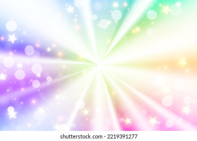 Fondo de gradiente radial holográfico de fondo con estrellas y broche. La textura cónica del círculo de la fantasía. Papel pintado de unicornio arcoiris. Ilustración vectorial.