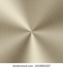 Holographic radial metal finish. Beige color effect circle gradient. Brushed metallic surface texture. Steel silver chrome background. Disk circular scratched foil plate. Solid polished brass sheet