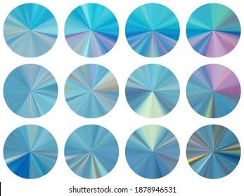 Holographic radial metallic gradient disk elements vector collection. Polished bright swatches. Banner metal gradient texture templates. Icon backgrounds graphic design.