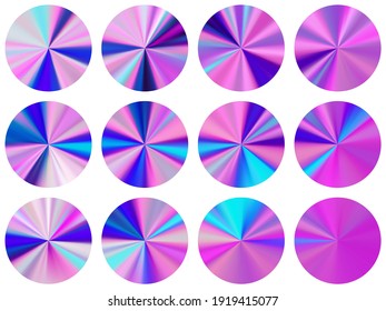 Holographic radial metallic gradient label elements vector collection. Isolated modern swatches. Banner metal gradient texture templates. Icon backgrounds material design.