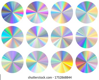 Holographic radial metallic gradient ui button elements vector set. Polished cool medal shapes. Banner metal hologram gradient texture iridescent templates. Label backgrounds material design.