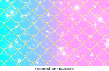 Holographic Rainbow Background. Gold Scales. Mermaid Print.