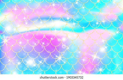 Holographic rainbow background. Gold scales. Mermaid print.