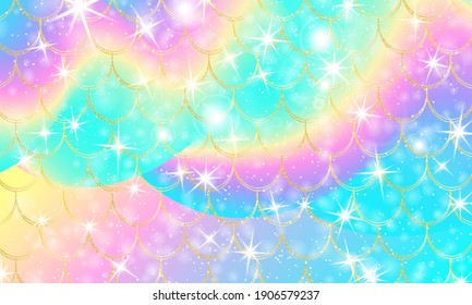 Holographic rainbow background. Gold scales. Mermaid print.