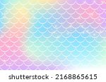 Holographic rainbow background with mermaid scales. A pattern with a tail on a gradient. Marine underwater pattern. Vector