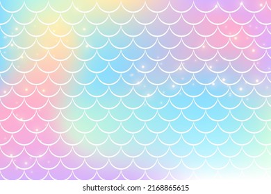 Holographic rainbow background with mermaid scales. A pattern with a tail on a gradient. Marine underwater pattern. Vector