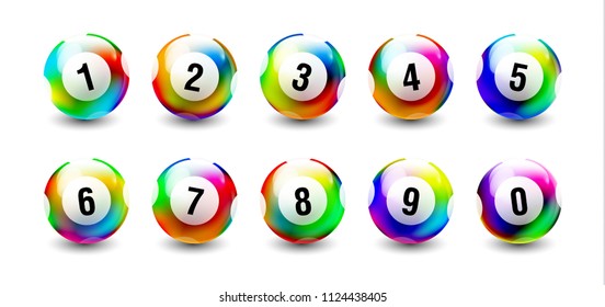 Holographic Rainbow Balls isolated on white background from 0 to 9.