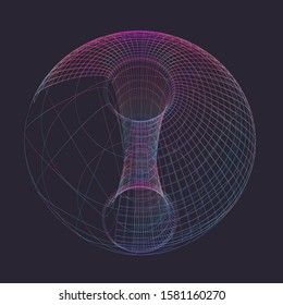 Holographic rainbow colored wireframe of torus or sphere with hole. Concept image for future technologies.