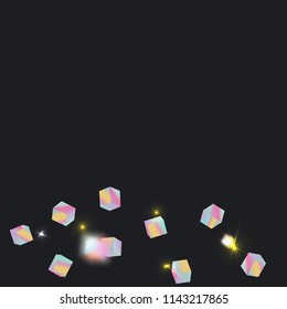 Holographic rainbow confetti on black background.  Iridescent magic holography print.  Vibrant neon gradient on 3d cube.  Shiny multicolor glitter confetti on dark backdrop.  Geometric abstract holo
