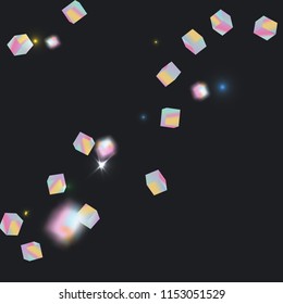 Holographic rainbow confetti on black background.  Iridescent magic holography print.  Vibrant neon gradient on 3d cube.  Shiny multicolor glitter confetti on dark backdrop.  Geometric abstract holo