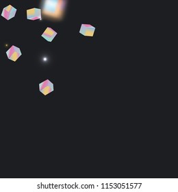 Holographic rainbow confetti on black background.  Iridescent magic holography print.  Vibrant neon gradient on 3d cube.  Shiny multicolor glitter confetti on dark backdrop.  Geometric abstract holo