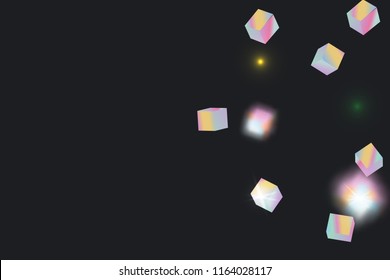 Holographic rainbow confetti on black background.  Iridescent magic holography print. Vibrant neon gradient on 3d cube. Shiny multicolor glitter confetti on dark backdrop. Geometric abstract hologram 
