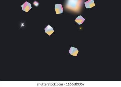 Holographic rainbow confetti on black background. Iridescent magic holography print. Vibrant neon gradient on 3d cube. Shiny multicolor glitter confetti on dark backdrop. Geometric abstract hologram 