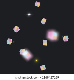 Holographic rainbow confetti on black background. Iridescent magic holography print. Vibrant neon gradient on 3d cube. Shiny multicolor glitter confetti on dark backdrop. Geometric abstract hologram 
