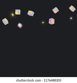 Holographic rainbow confetti on black background. Iridescent magic holography print. Vibrant neon gradient on 3d cube. Shiny multicolor glitter confetti on dark backdrop. Geometric abstract hologram 