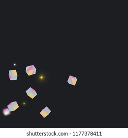 Holographic rainbow confetti on black background. Iridescent magic holography print. Vibrant neon gradient on 3d cube. Shiny multicolor glitter confetti on dark backdrop. Geometric abstract hologram 