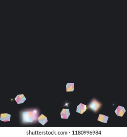 Holographic rainbow confetti on black background.  Iridescent magic holography print. Vibrant neon gradient on 3d cube. Shiny multicolor glitter confetti on dark backdrop. Geometric abstract hologram 