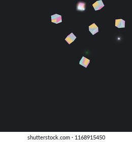 Holographic rainbow cube on black background. Iridescent magic holography print. Vibrant neon gradient on 3d cube. Shiny multicolor glitter confetti on dark backdrop. Geometric abstract hologram 