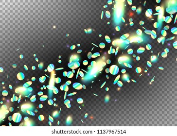 Holographic rainbow effect confetti background with glitter, neon, light foil particles. Iridescent falling, floating elements at dynamic composition on transparent backdrop. Motion glitch vector