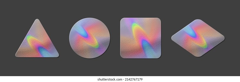 Holographic rainbow foil sticker realistic mockups with texture. Authenticity metal emblem or official holography label. Vector neon guarantee certification metallic icon. Quality badge template