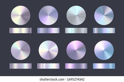 Holographic  rainbow   golden foil texture background set  Vector graphic conical iridescent neon patterns  Gold hologram metalic round gradient collection 
