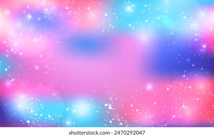 Holographic rainbow unicorn background with bokeh lights and stars. Magical landscape. Rainbow gradient sky background. Unicorn glitter galaxy. Abstract fantasy space with sparkles. Vector EPS10.