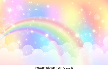 Holografische regenboog eenhoorn achtergrond met magische zeemeermin hemel, glitter ster en bokeh licht. Kawaii gradiënt patroon achtergrond of ruimte landschap met iriserende neon sparkle en papier wolk silhouet