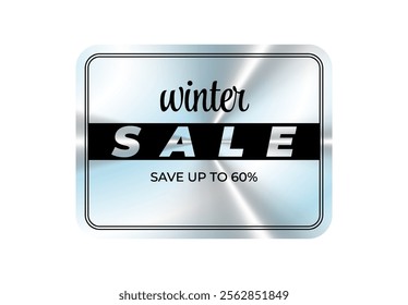 Holographic rectangle sticker. Winter sale save up to 60. Geometric hologram label, iridescent foil, adhesive film. Colored tag, rainbow shiny emblem. Isolated Neon vector illustration