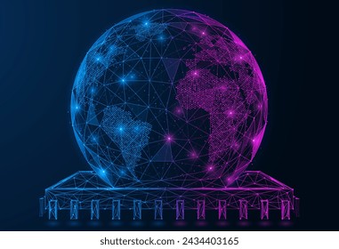 Holographic representation of the digital globe built on a microprocessor. Polygonal design of interconnected lines and dots.