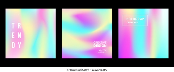 Holographic retro 80s, 90s vector futuristic covers set. Abstract poster, flyer templates. Mesh gradient shapes. Trendy minimal colorful branding design background.