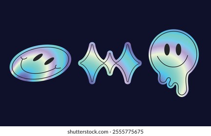 Holographic retro futuristic stickers. Vector illustration with iridescent foil adhesive film with symbols and objects in y2k style. Holographic futuristic labels