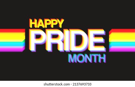 Holographic and Retro Happy Pride Month greeting for LGBT Pride month celebrated in June. Lesbian Gay Bisexual Transgender Queer Plus. Vector Illustration. Posters, cards, flyers, banner, backgrounds.