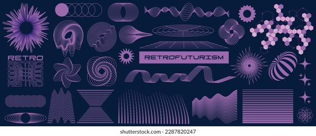 Holographic retrofuturistic set in 90s cyberpunk style. The concept of neon waves, grids, donut, holographic psychedelic. Design of geometric shapes for the genres of disco, design, technology, scienc