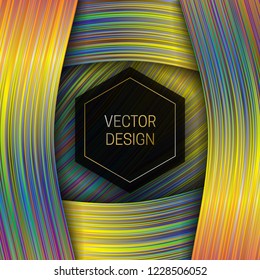 Holographic ribbon background with hexagonal black and gold frame for text. Trendy packaging design or cover template.