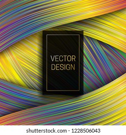 Holographic ribbon background with rectangular black and gold frame for text. Trendy packaging design or cover template.