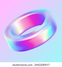 Holographic ring geometric shape realistic vector illustration. Shiny iridescent ring trendy design. Glossy 3d object on purple background