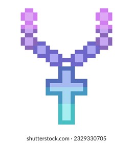 Holographic Rosary with Cross Symbol Icon, Isolated, Pixel Art Style