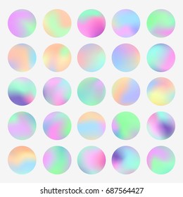 Holographic round frames set. Trendy backdrops for logos, signs or lettering. Hologram bubbles. Pastel smooth textures. Modern vector backgrounds for web design or printed products.