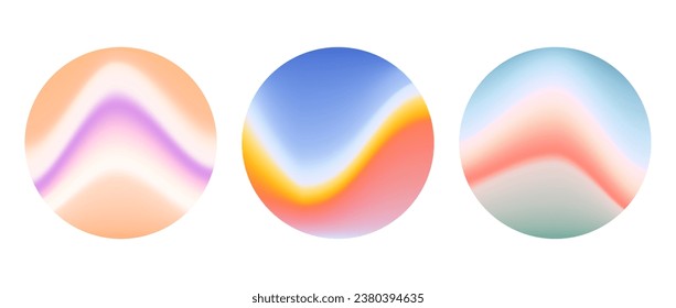 Holographic round wavy gradient background set. Blurred liquid waves wallpaper collection. Colorful iridescent abstract backdrops in circles. Vector sphere templates for banner, flyer, cover, poster