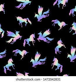 Holographic running horses. Hologram and neon. Trend seamless pattern with horses. Excellent print for printing on fabric