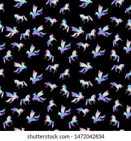 Holographic running horses. Hologram and neon. Trend seamless pattern with horses. Excellent print for printing on fabric