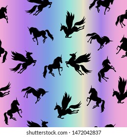 Holographic running horses. Hologram and neon. Trend seamless pattern with horses. Excellent print for printing on fabric