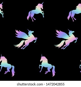 Holographic running horses. Hologram and neon unicorn.