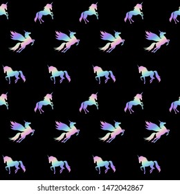 Holographic running horses. Hologram and neon. Trend seamless pattern with horses. Excellent print for printing on fabric