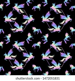 Holographic running horses. Hologram and neon. Trend seamless pattern with horses.